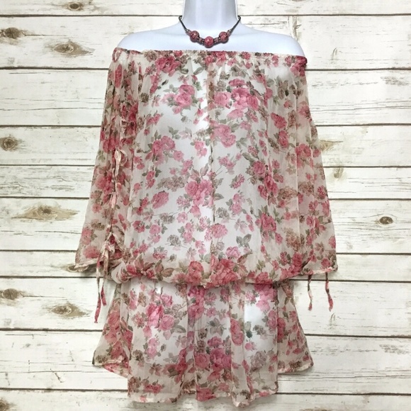 Sheer Open Sleeve Floral Rose Print Top / Coverup - Picture 2 of 7